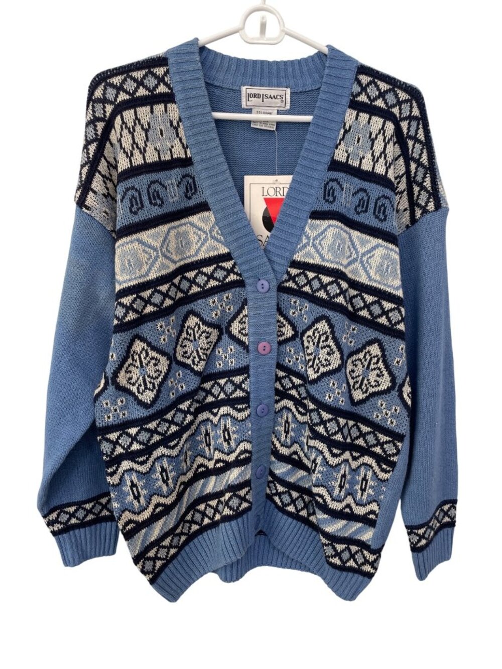 Vintage 90s Lord Isaacs Cardigan Sweater Medium Fair Isle Knitwear Deadstock NEW